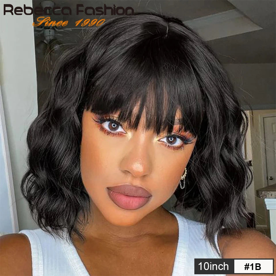 Peluca Bob Corta Ondulada con Flequillo | Cabello Humano Brasileño Water Wave
