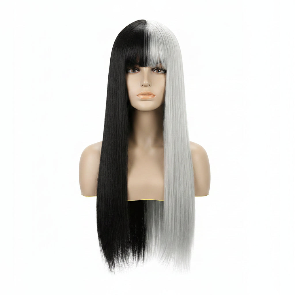 Peluca Larga Lisa Bicolor Negro y Naranja con Flequillo – 26 Pulgadas Sintética para Cosplay y Fiesta