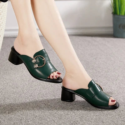 Pantuflas Mujer Tacón Alto con Rhinestone - Cuero Genuino Verano 2025