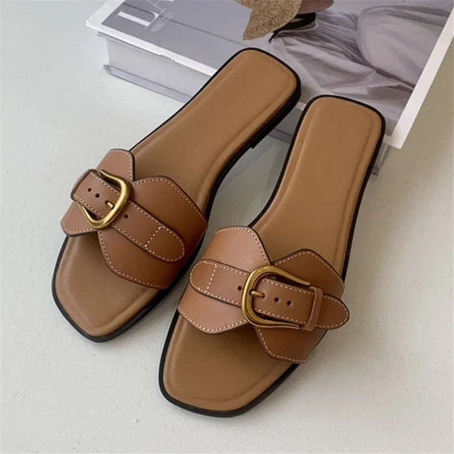 Sandalias Planas Playa Mujer - Hebilla Gladiador Cuero Genuino Verano