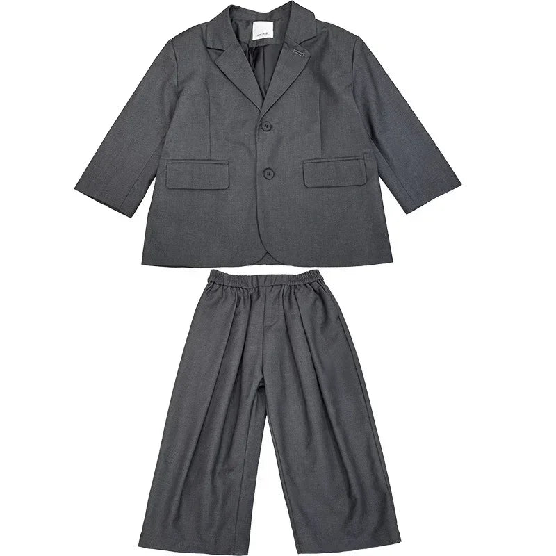 Girls Grey Suit Spring 2026 Casual Loose Blazer Skirt Two Pieces School Uniform for Kids Wedding Party Formal Costumes 2-13 Year