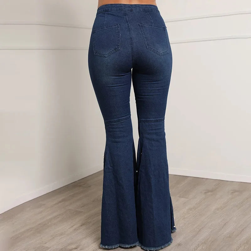 Denim Flare Pants Women Washed Jeans High Waist Slim Fit Pockets Embroidered Flares Vintage Trousers Full Length Casual Denims