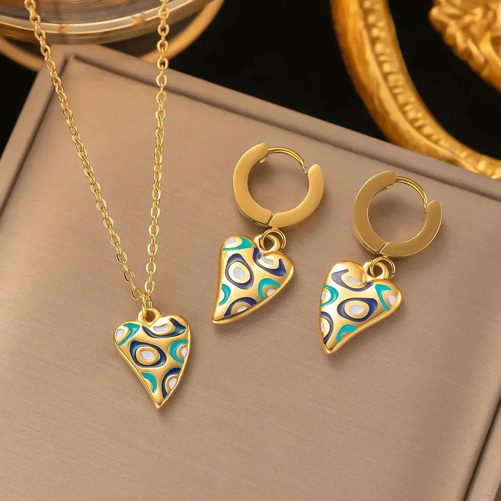 Set de 2 Piezas Aretes y Collar con Epoxi Colorido - Metal Dorado para Uso Diario