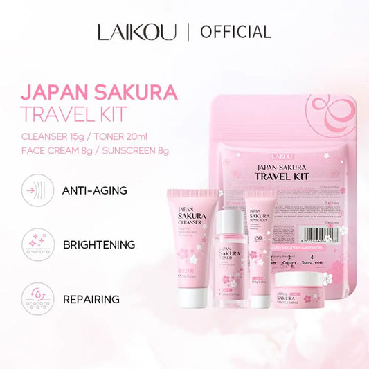 LAIKOU Set Skincare Sakura – Limpiador, Toner, Crema Facial y Protector Solar | Kit Viaje