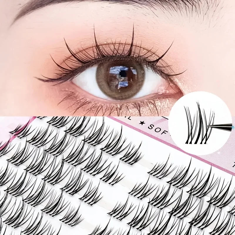Extensiones Pestañas Postizas 120 Clusters Rizadas Naturales - 10 Filas Varilla Transparente Suaves Maquillaje