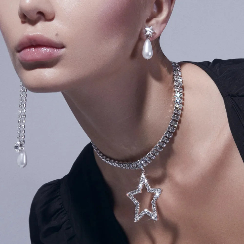 Collar Choker Estrella Brillante Doble Capa Rhinestone para Mujer