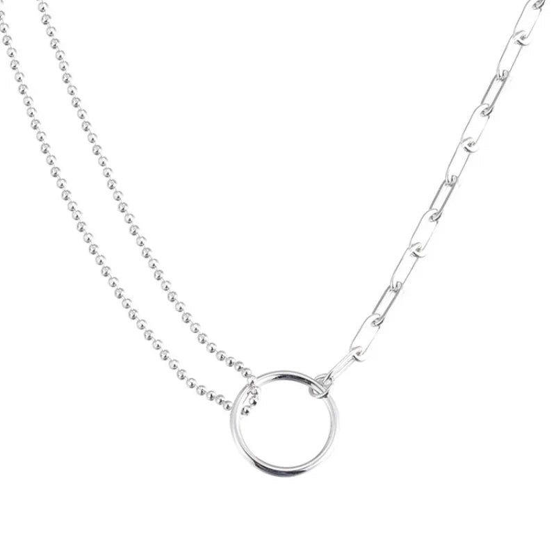 Collar de Plata 925 Asimétrico con Círculo y Cadena - Diseño Moderno para Mujer