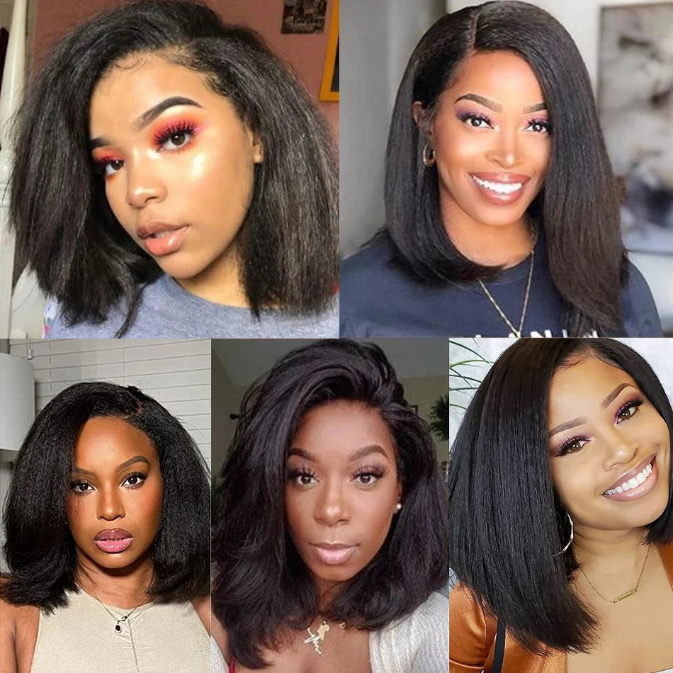 300Density Kinky Straight Wear Go Glueless 100% Human Raw Hair Tissage Wig HDTransparent Lace Closure Yaki Bob Wig CheveuxHumain