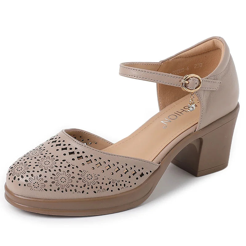 Sandalias Cuero Genuino Tacón Hueco Mujer - Estilo Retro Elegante 2026