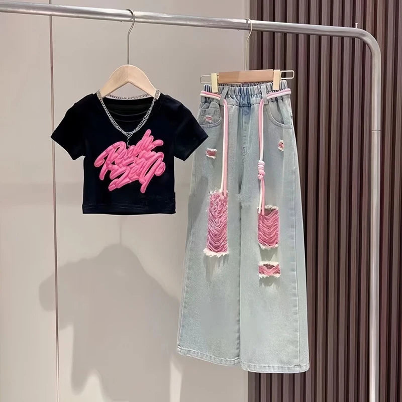 Conjunto 2 Piezas Niña | Jeans y Camiseta Streetwear Moda Juvenil Tallas 5-14