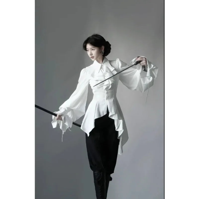 Camisa Lolita Gótica Manga Larga Mujer Elegante Simple Blanca Combina con Todo Blusas 2025 Nuevo Otoño Ajustada Blusas Mujer