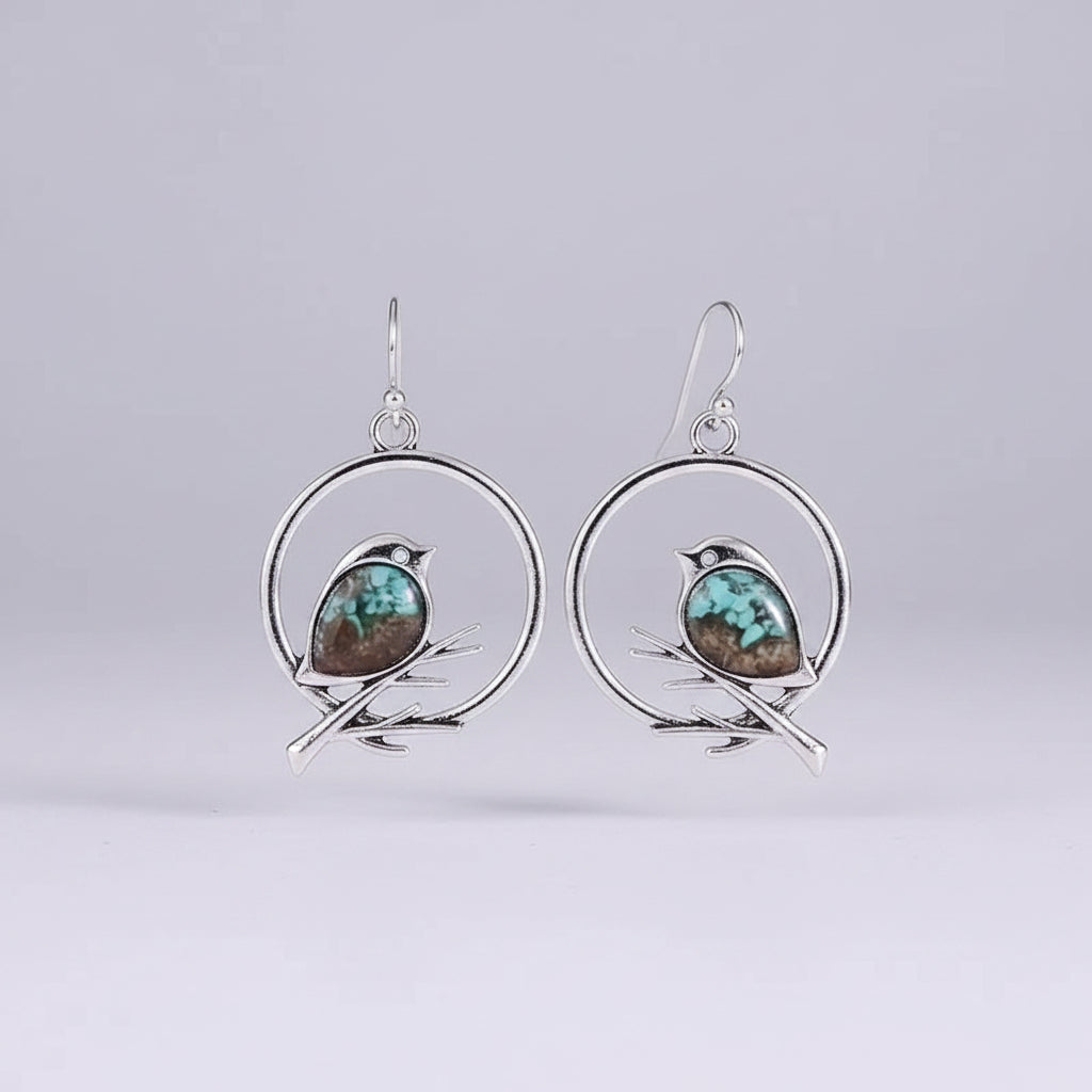 Aretes Colgantes Vintage con Diseño de Pájaro y Rama – Joyería Animal para Mujer
