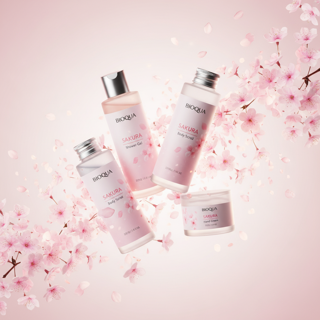 Kit Sakura BIOAQUA con pétalos de cerezo fondo rosa