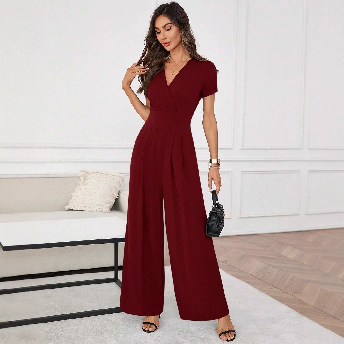Jumpsuit Manga Corta Plisado Pierna Ancha - Mujer Elegante