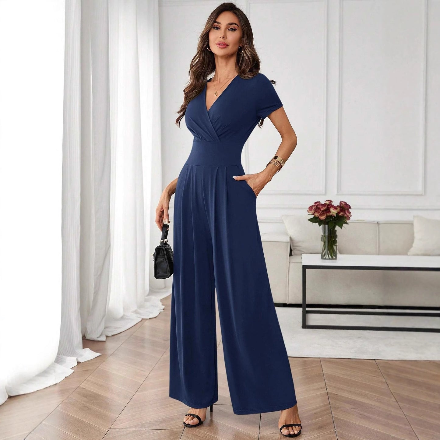 Jumpsuit Manga Corta Plisado Pierna Ancha - Mujer Elegante