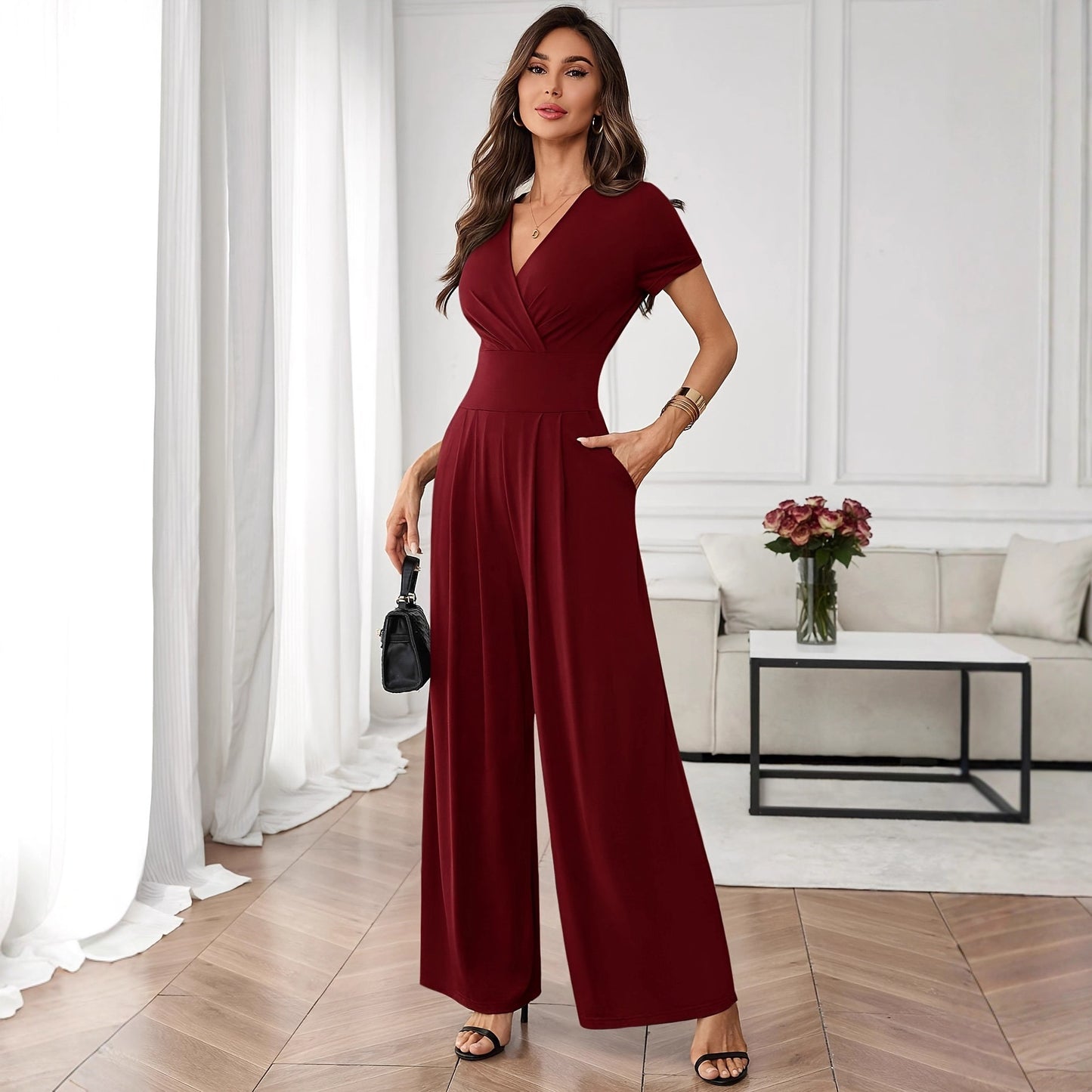 Jumpsuit Manga Corta Plisado Pierna Ancha - Mujer Elegante