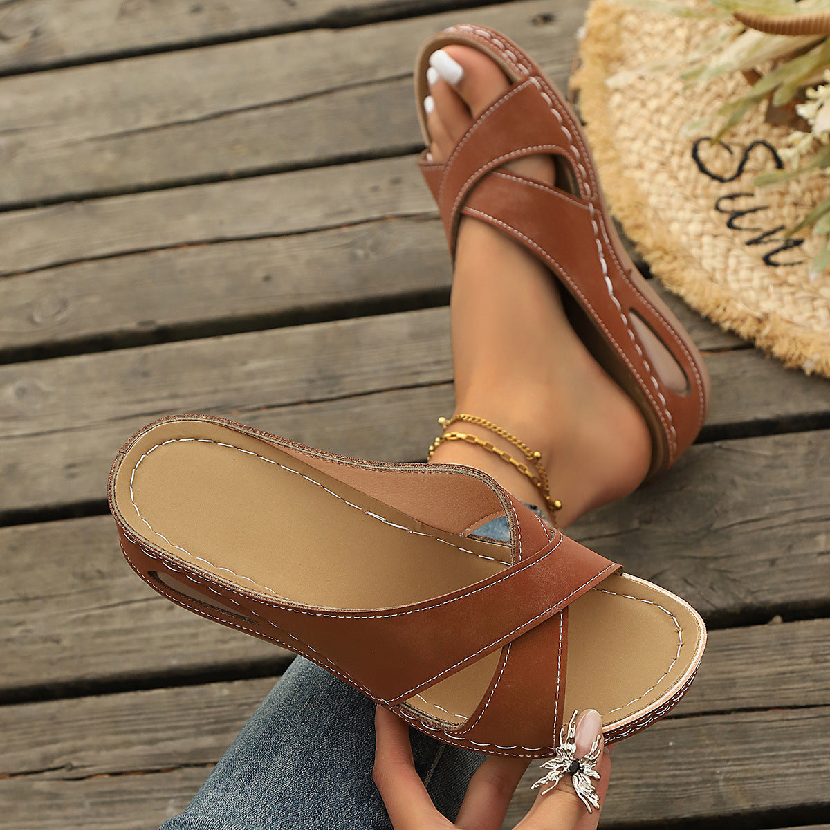 Sandalias Cuña con Tira Cruzada Mujer - Cómodas y Casuales Talla Única