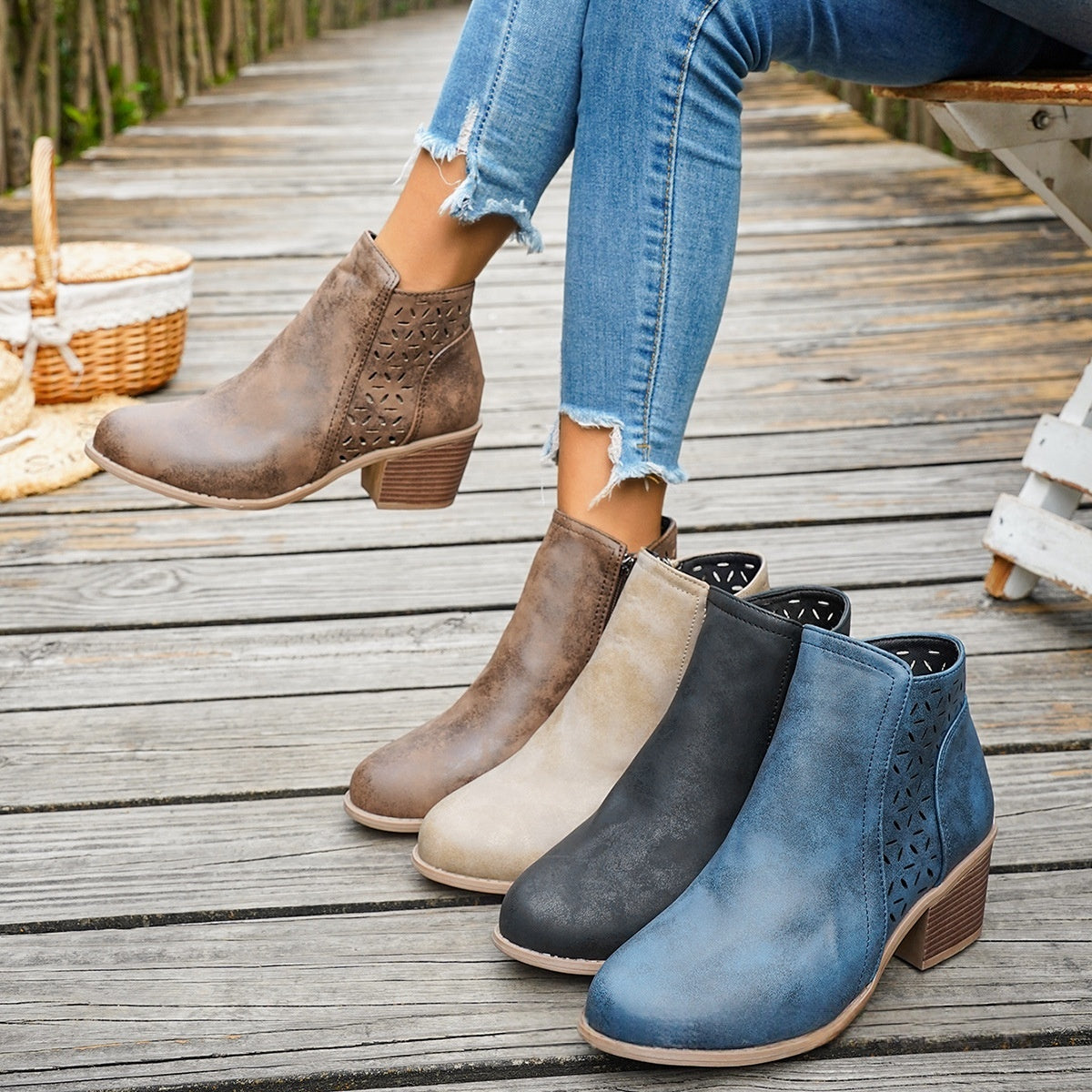 Botas Punta Fina Tacón Grueso Mujer - Estilo Británico Calado Monocromático