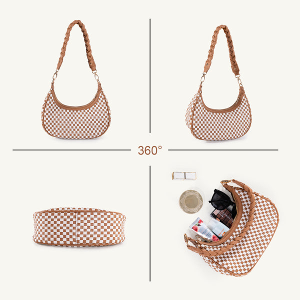 Bolso Hobo Tejido Mujer - Cuero Vegano Tote Bag Café