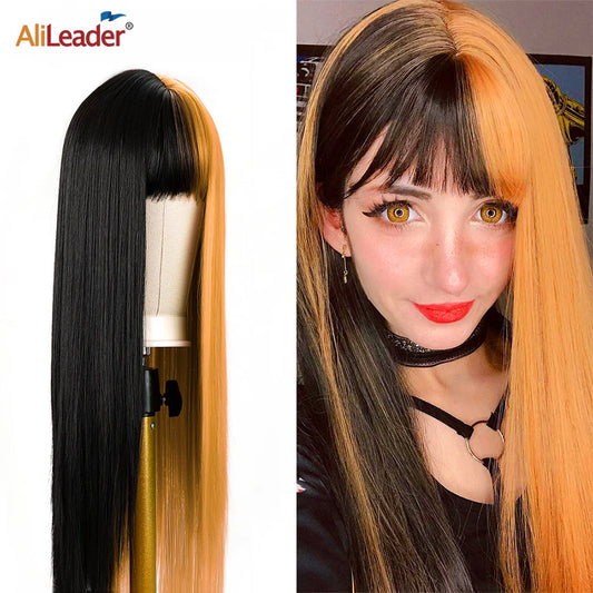 Peluca Larga Lisa Bicolor Negro y Naranja con Flequillo – 26 Pulgadas Sintética para Cosplay y Fiesta