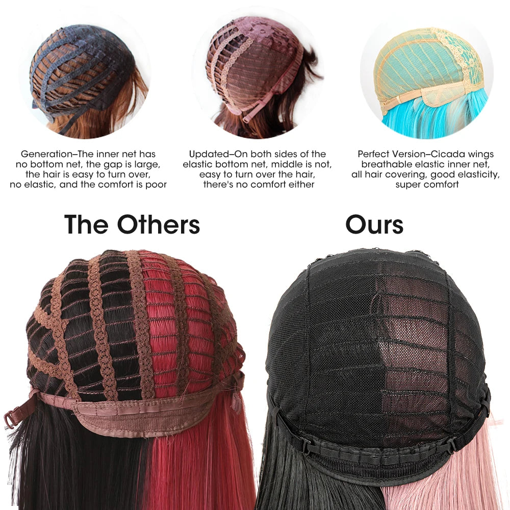 Peluca Larga Lisa Bicolor Negro y Naranja con Flequillo – 26 Pulgadas Sintética para Cosplay y Fiesta