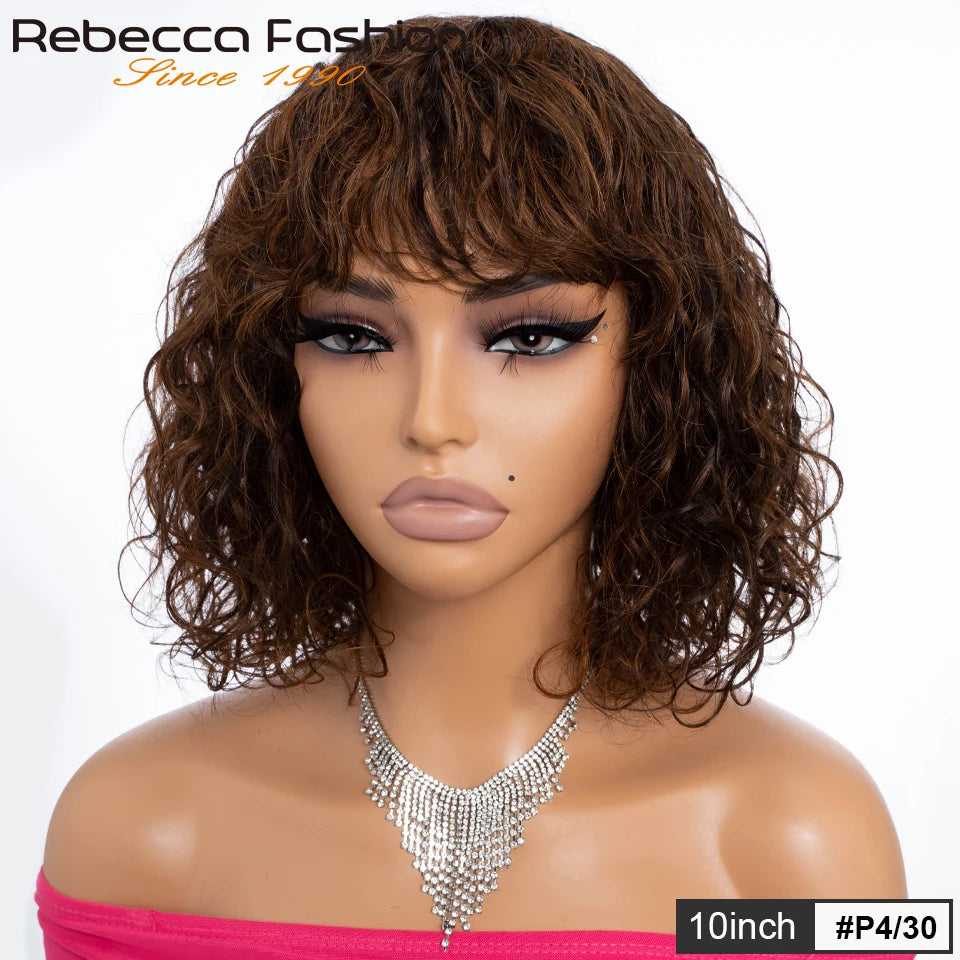 Peluca Bob Corta Ondulada con Flequillo | Cabello Humano Brasileño Water Wave