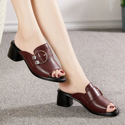 Pantuflas Mujer Tacón Alto con Rhinestone - Cuero Genuino Verano 2025