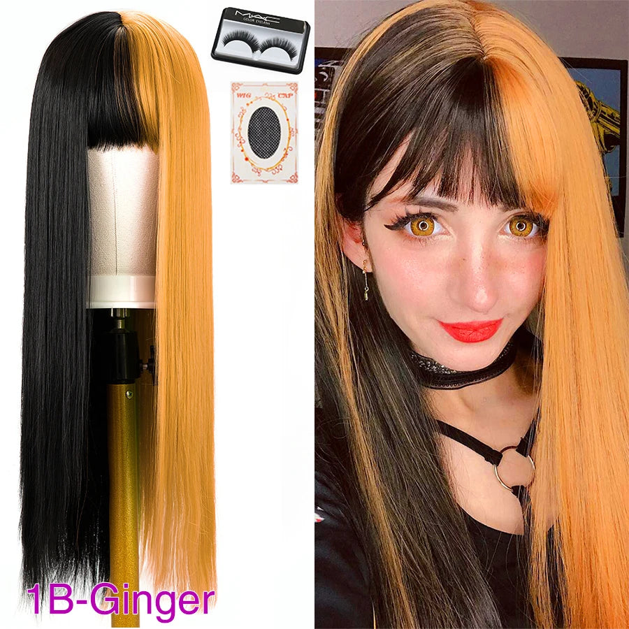 Peluca Larga Lisa Bicolor Negro y Naranja con Flequillo – 26 Pulgadas Sintética para Cosplay y Fiesta