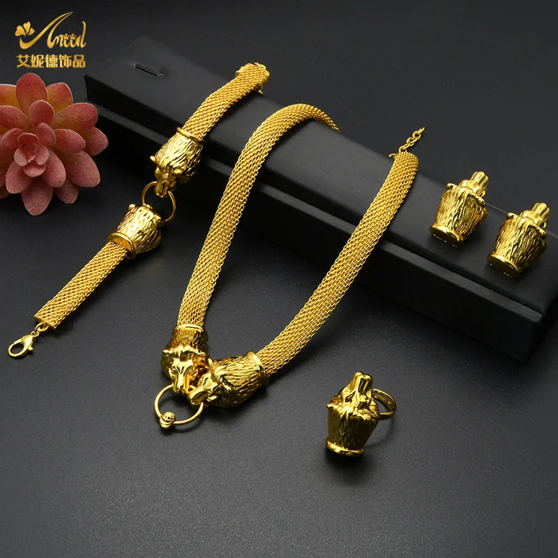 Set Joyería Africana Dubai Chapado Oro 24K para Mujer — Collar, Anillo y Aretes