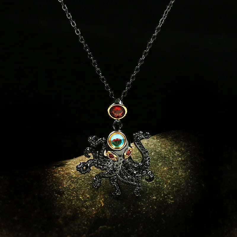 Collar Gargantilla de Plata 925 con Rubí y Pulpo - Estilo Turco Vintage Oro Negro