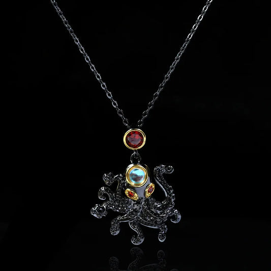 Collar Gargantilla de Plata 925 con Rubí y Pulpo - Estilo Turco Vintage Oro Negro