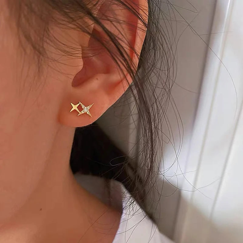 Aretes Estrella 4 Puntas Chapado Oro 14K Plata 925 para Mujer