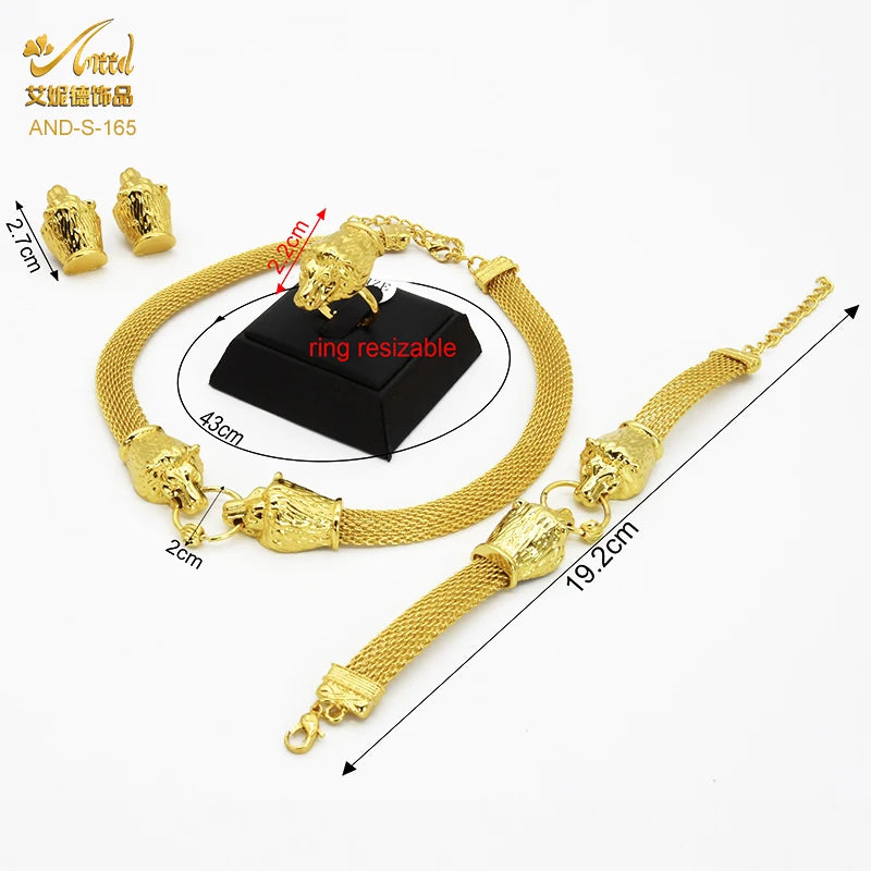 Set Joyería Africana Dubai Chapado Oro 24K para Mujer — Collar, Anillo y Aretes