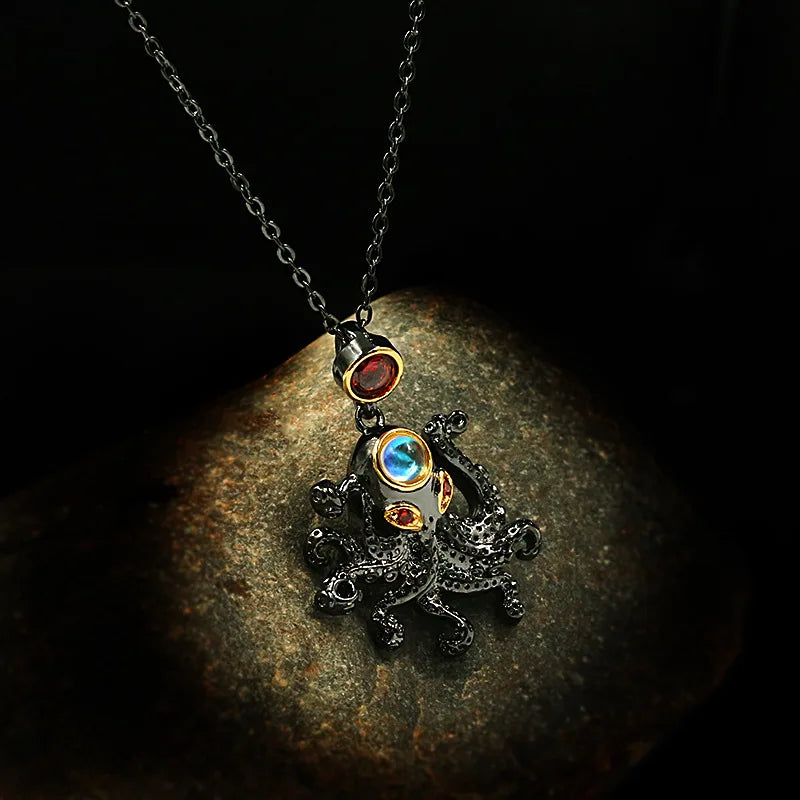 Collar Gargantilla de Plata 925 con Rubí y Pulpo - Estilo Turco Vintage Oro Negro