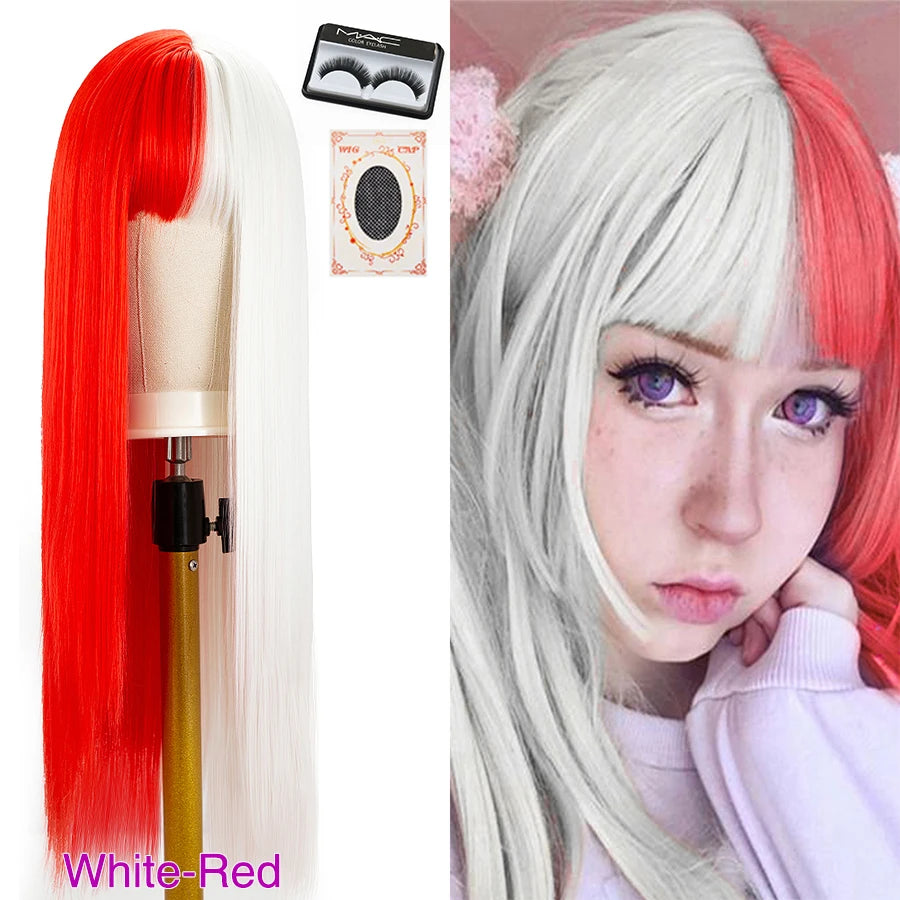 Peluca Larga Lisa Bicolor Negro y Naranja con Flequillo – 26 Pulgadas Sintética para Cosplay y Fiesta