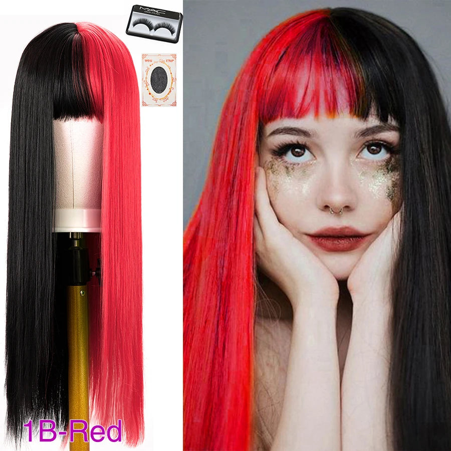 Peluca Larga Lisa Bicolor Negro y Naranja con Flequillo – 26 Pulgadas Sintética para Cosplay y Fiesta