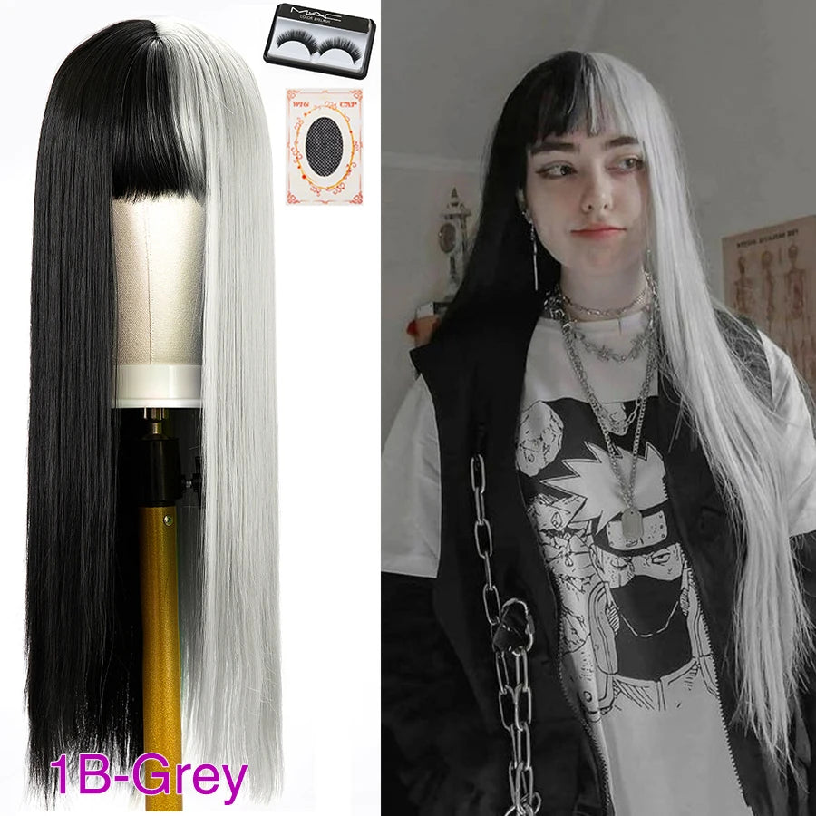 Peluca Larga Lisa Bicolor Negro y Naranja con Flequillo – 26 Pulgadas Sintética para Cosplay y Fiesta