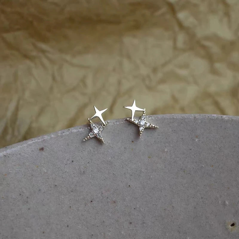 Aretes Estrella 4 Puntas Chapado Oro 14K Plata 925 para Mujer