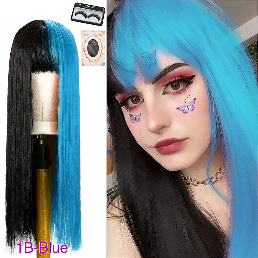 Peluca Larga Lisa Bicolor Negro y Naranja con Flequillo – 26 Pulgadas Sintética para Cosplay y Fiesta