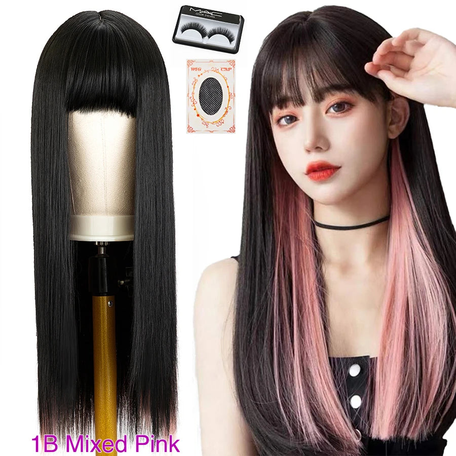 Peluca Larga Lisa Bicolor Negro y Naranja con Flequillo – 26 Pulgadas Sintética para Cosplay y Fiesta