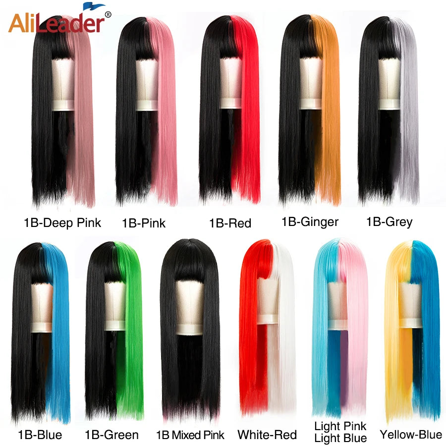 Peluca Larga Lisa Bicolor Negro y Naranja con Flequillo – 26 Pulgadas Sintética para Cosplay y Fiesta