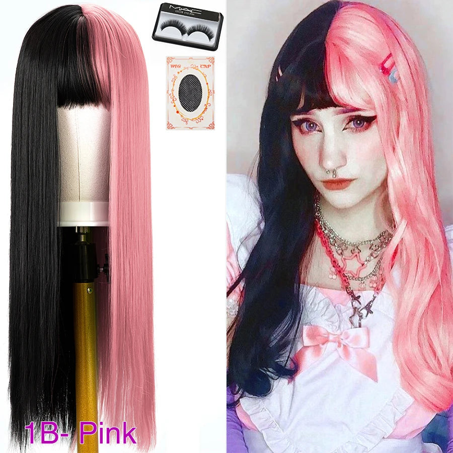 Peluca Larga Lisa Bicolor Negro y Naranja con Flequillo – 26 Pulgadas Sintética para Cosplay y Fiesta