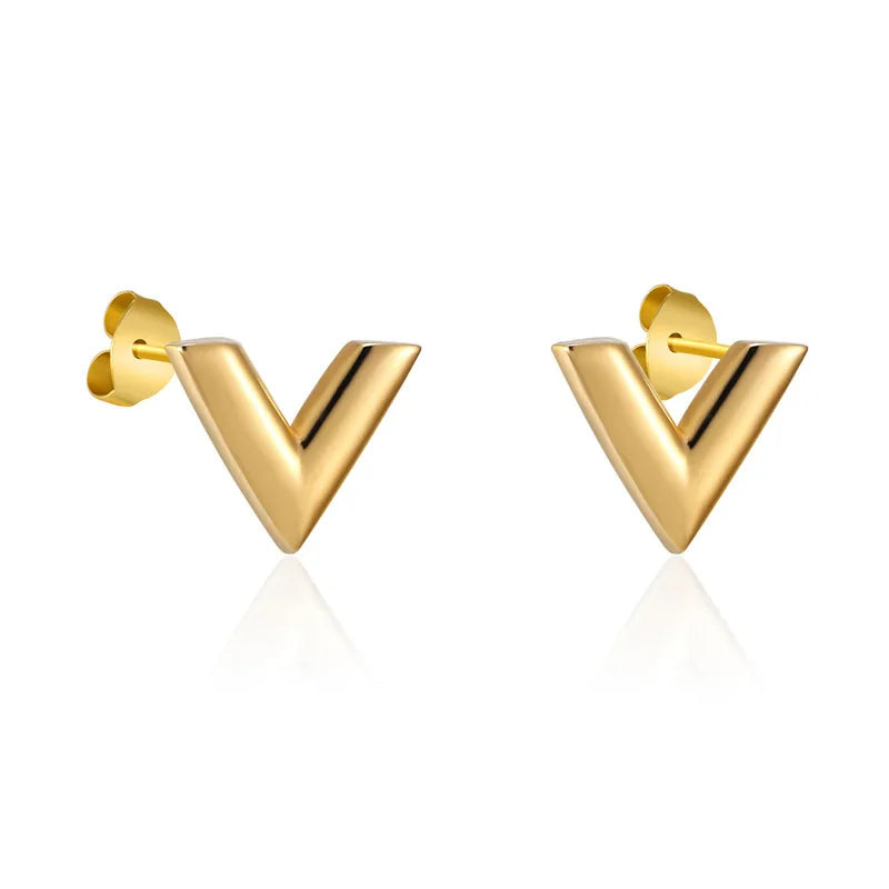 Aretes Pequeños V Letras Acero Inoxidable Chapado 18K – Joyería Fiesta Mujer
