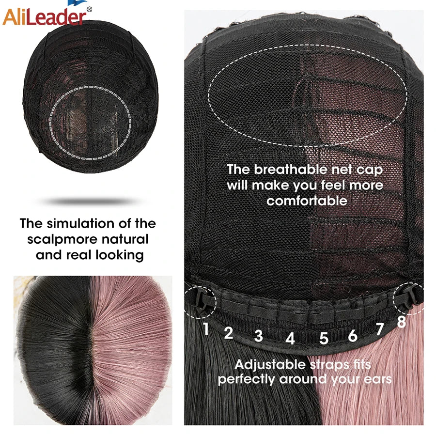 Peluca Larga Lisa Bicolor Negro y Naranja con Flequillo – 26 Pulgadas Sintética para Cosplay y Fiesta