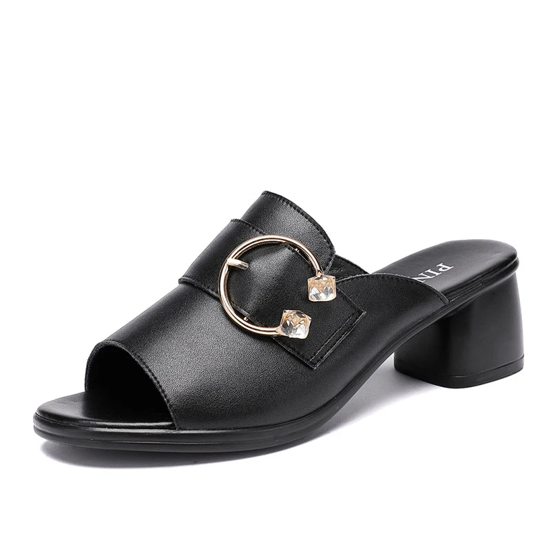 Pantuflas Mujer Tacón Alto con Rhinestone - Cuero Genuino Verano 2025