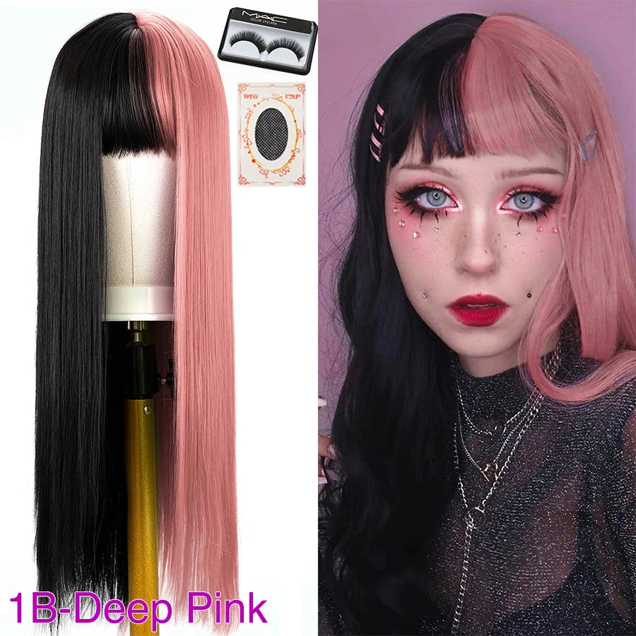 Peluca Larga Lisa Bicolor Negro y Naranja con Flequillo – 26 Pulgadas Sintética para Cosplay y Fiesta
