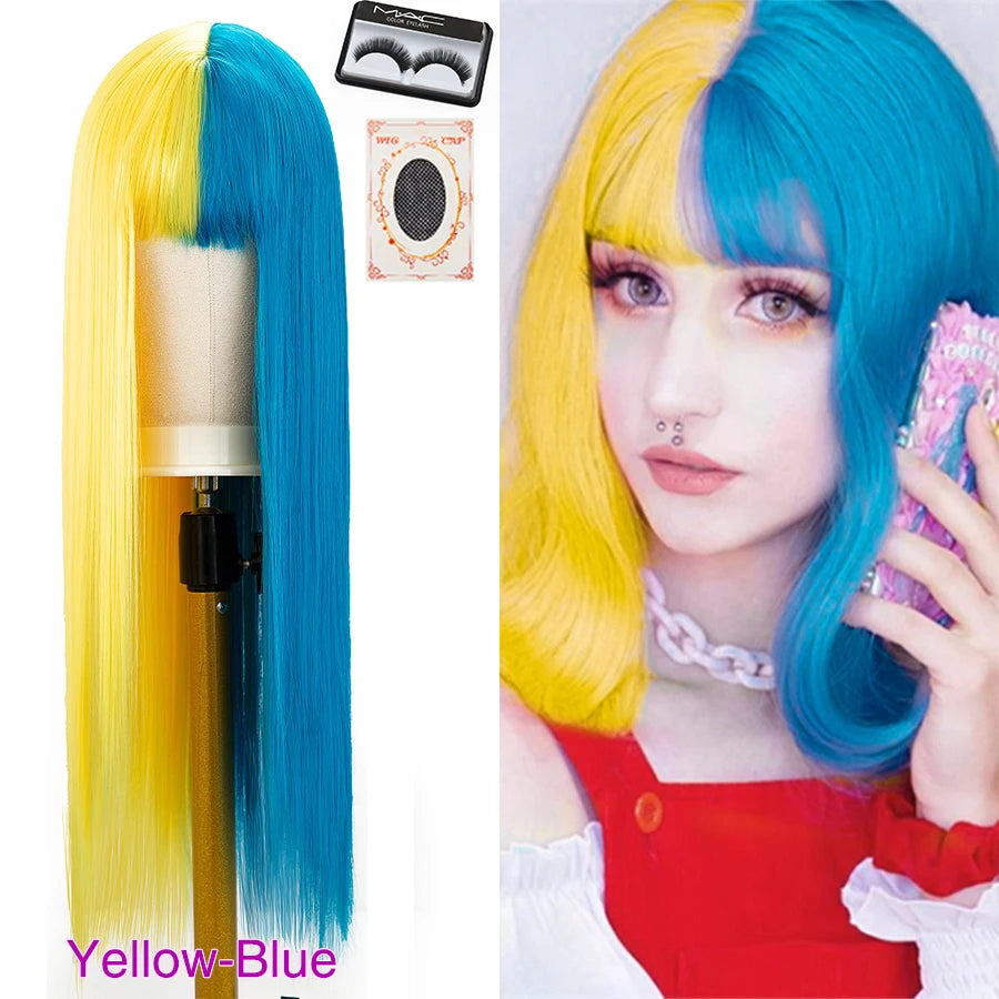 Peluca Larga Lisa Bicolor Negro y Naranja con Flequillo – 26 Pulgadas Sintética para Cosplay y Fiesta