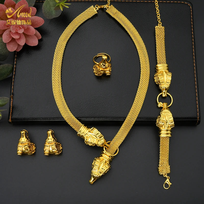 Set Joyería Africana Dubai Chapado Oro 24K para Mujer — Collar, Anillo y Aretes