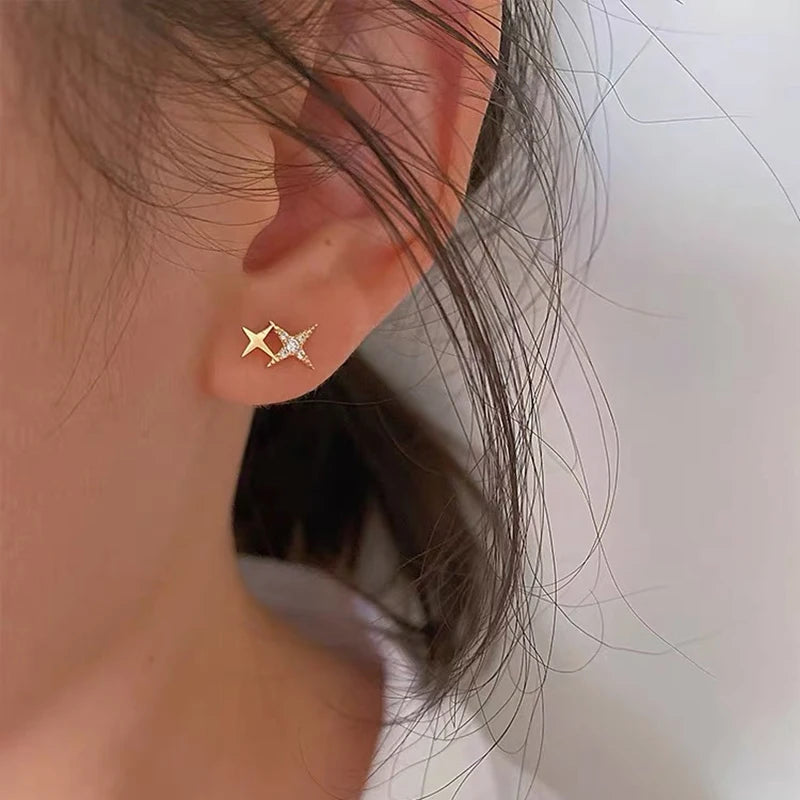 Aretes Estrella 4 Puntas Chapado Oro 14K Plata 925 para Mujer