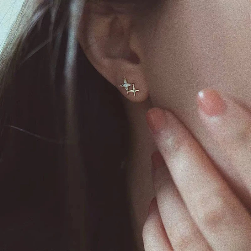 Aretes Estrella 4 Puntas Chapado Oro 14K Plata 925 para Mujer